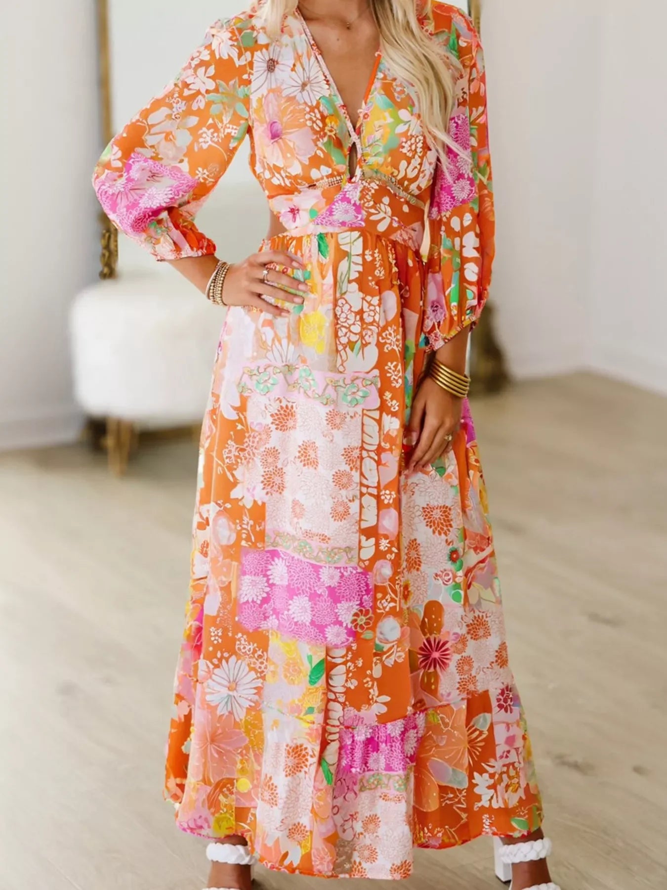 Hazel Blues® | Vibrant Floral Long Sleeve Dress with Lace-Up Back