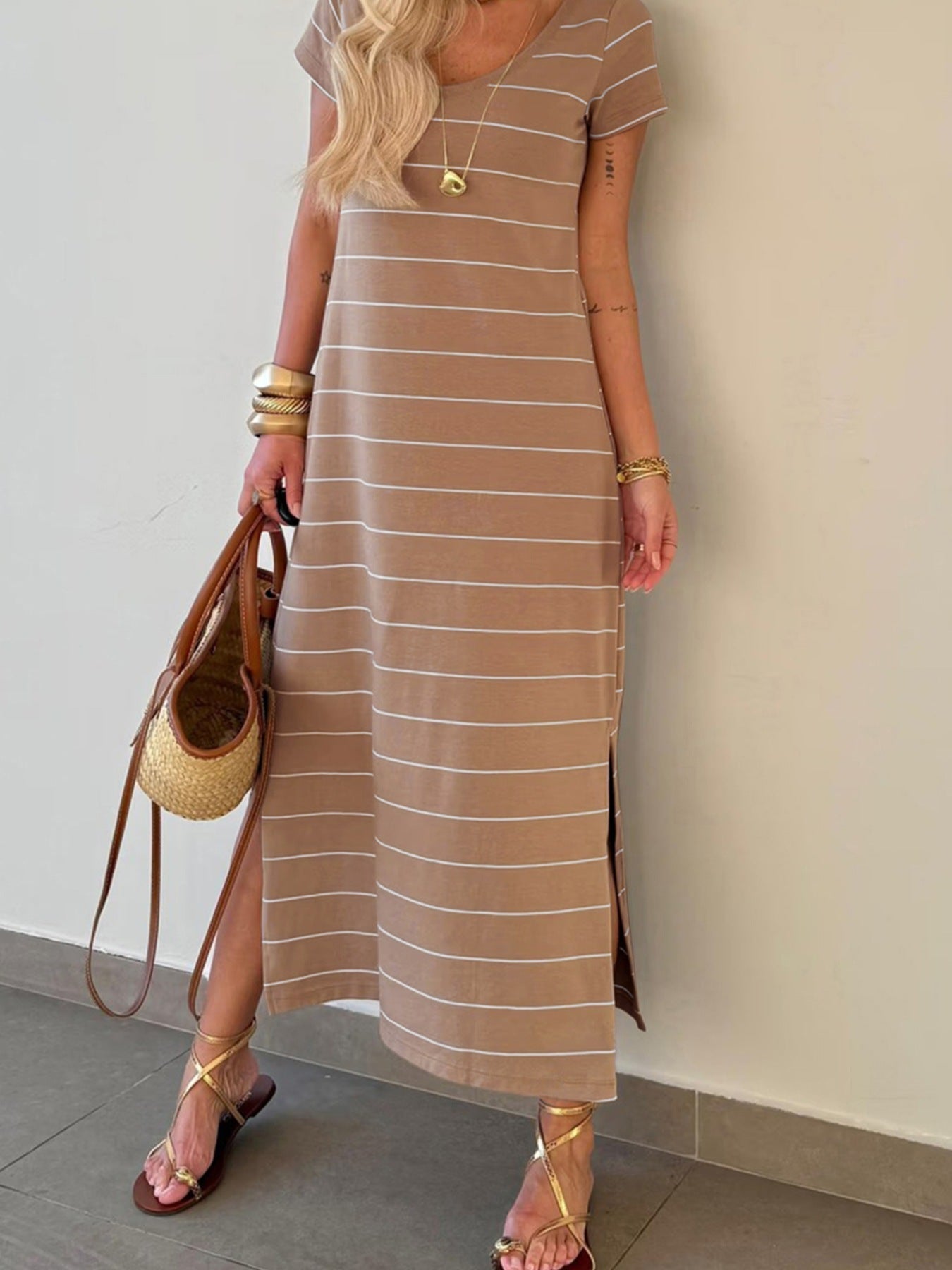 Hazel Blues® | Stripe Short Sleeve Side Slit Maxi T Shirt Dress