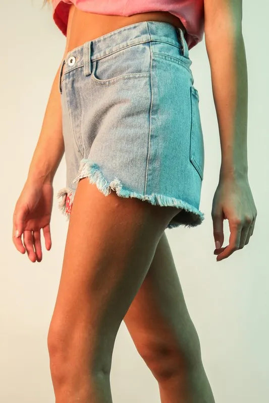 Hazel Blues® | VERY J Raw Hem Pocketed Contrast Washed Denim Shorts