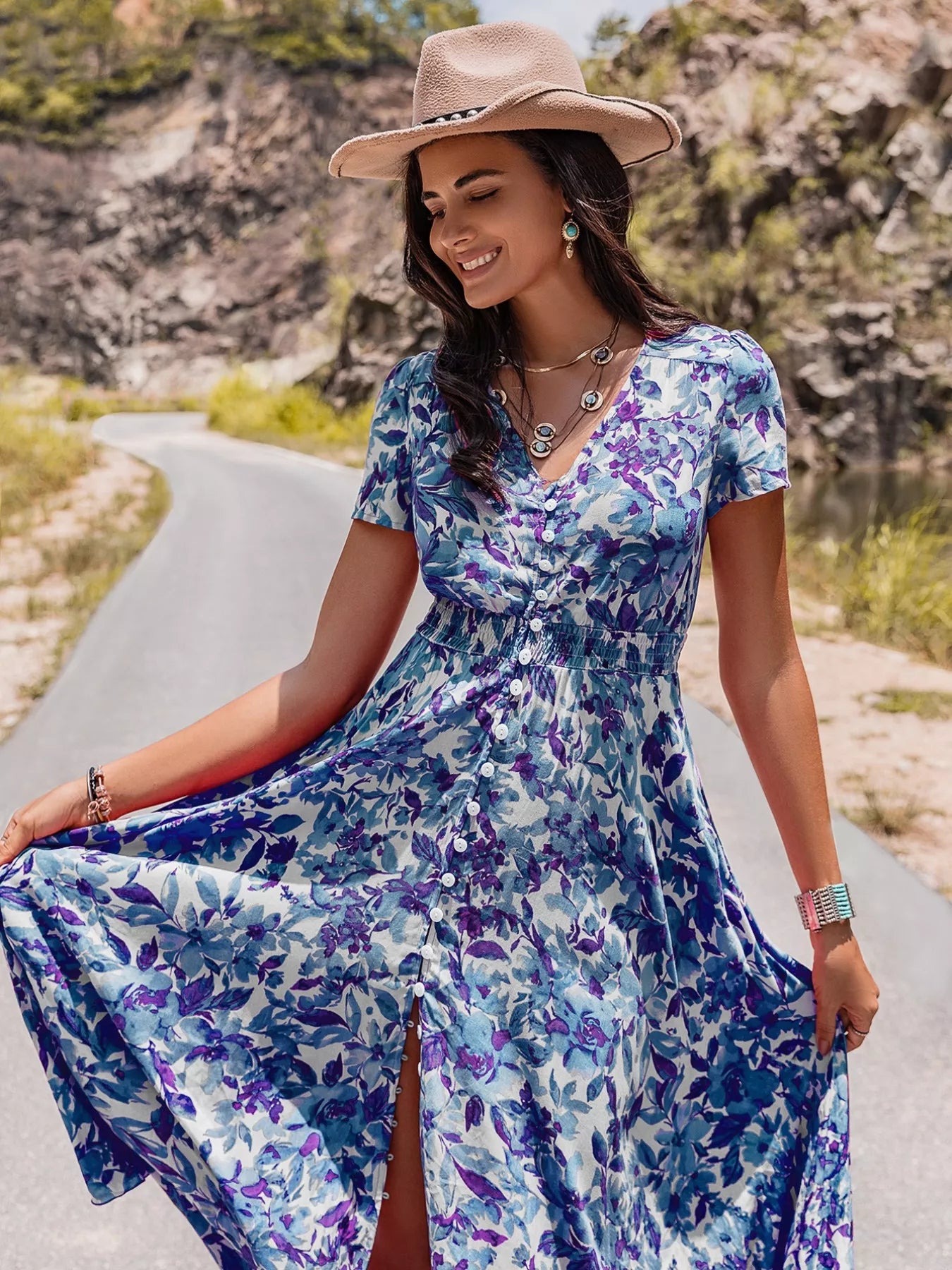 Hazel Blues® | Floral Print V-Neck Slit Midi Dress