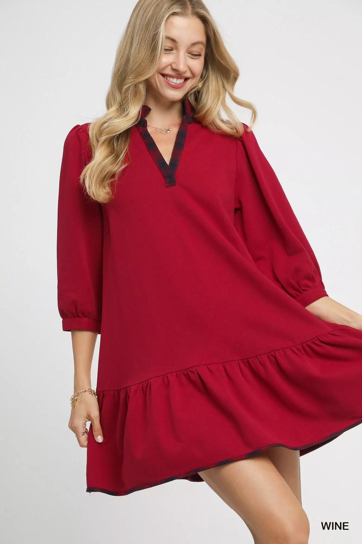 Hazel Blues® | Umgee French Terry Ruffle Hem Dress with Plaid Trim