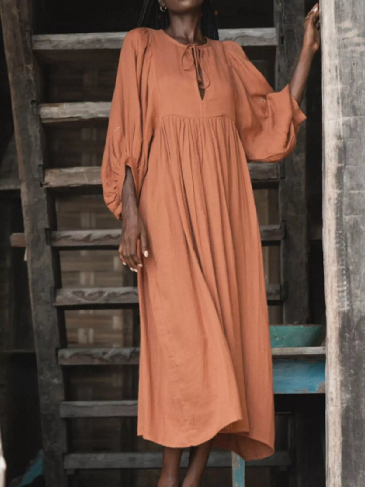 Hazel Blues® | Tie Neck 3/4 Sleeve Midi Dress