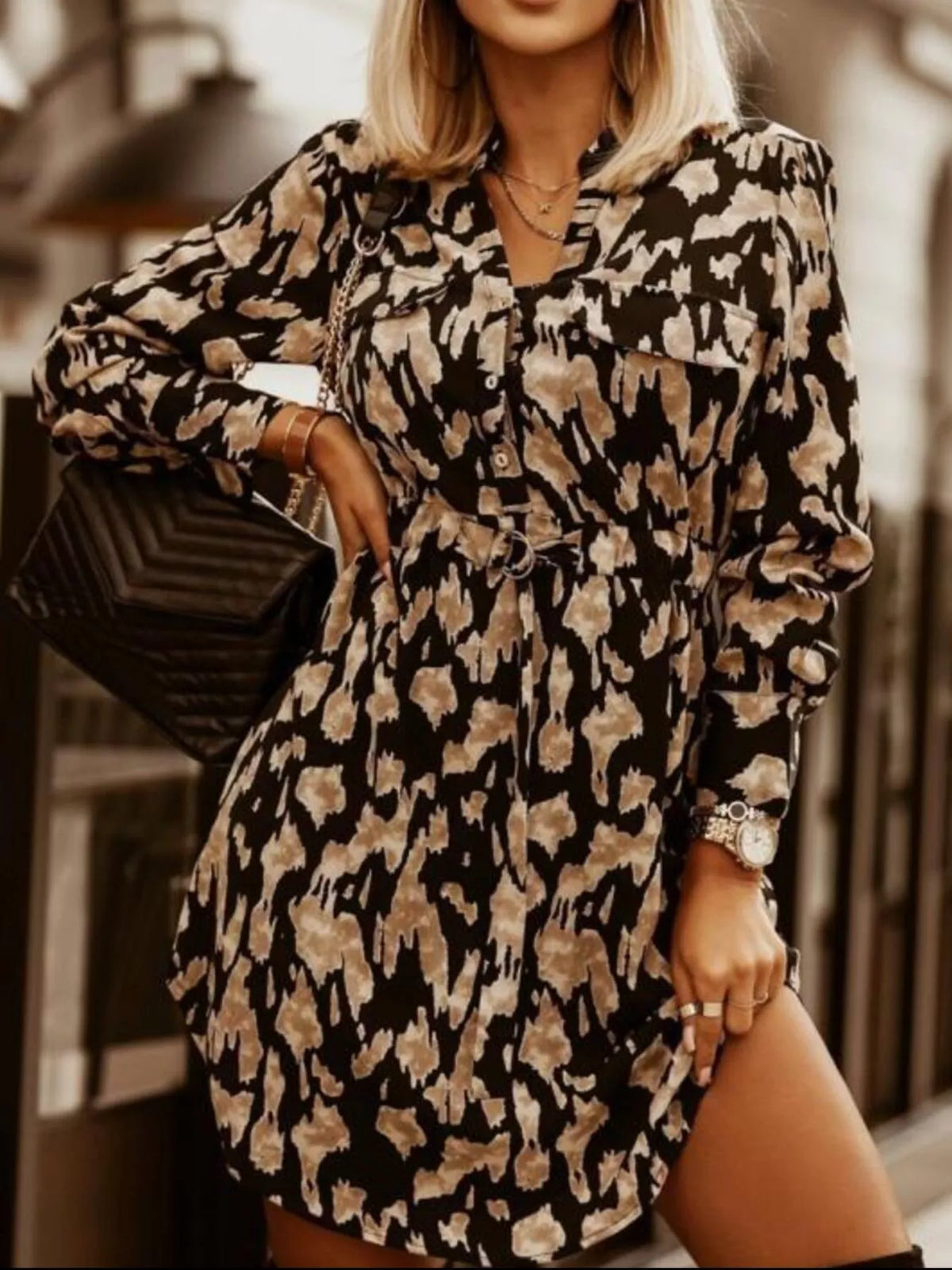Hazel Blues® | Printed Button Front Long Sleeve Dress