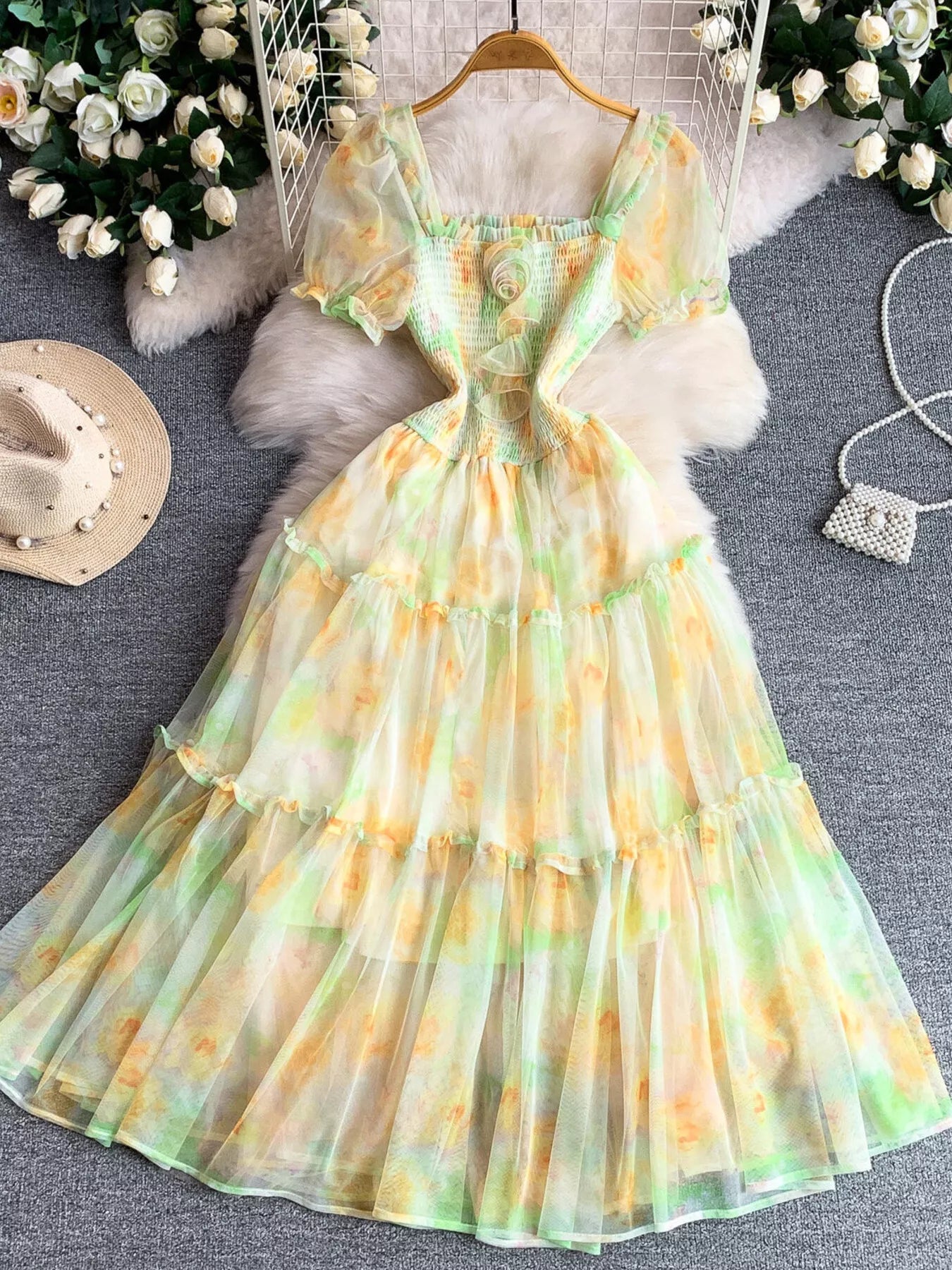 Hazel Blues® | Smocked Floral Tiered Mesh Midi Dress