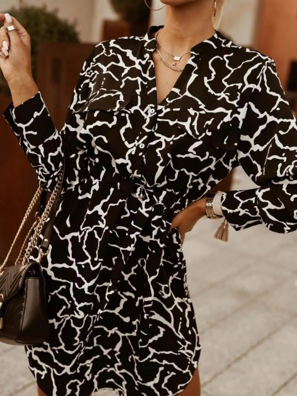 Hazel Blues® | Printed Button Front Long Sleeve Dress