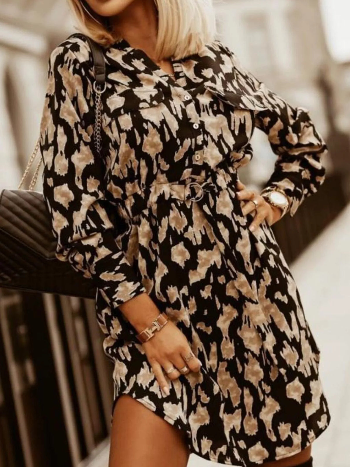 Hazel Blues® | Printed Button Front Long Sleeve Dress
