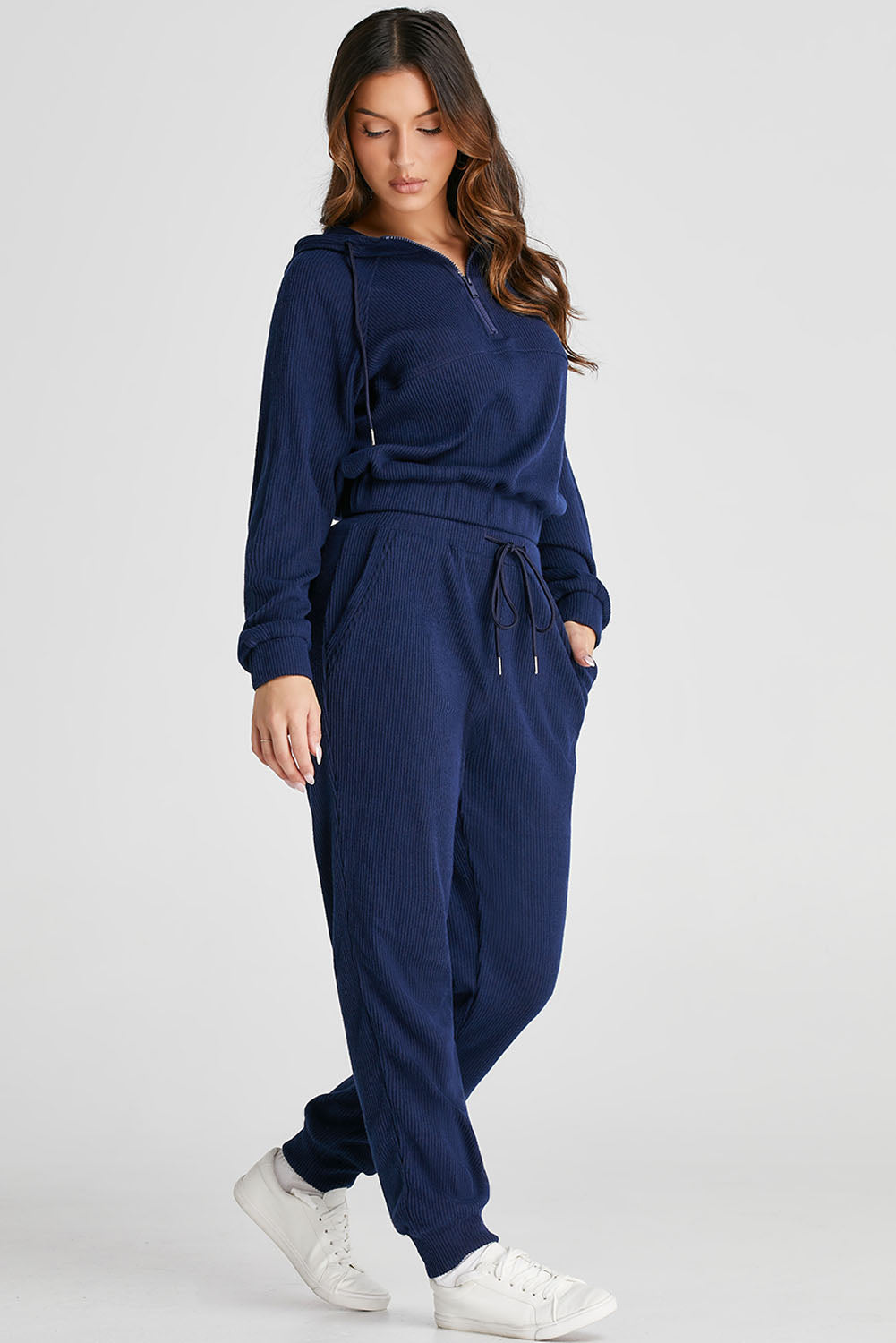 Hazel Blues® | Navy Blue Ribbed Knit Cropped Hoodie and Drawstring Joggers Set