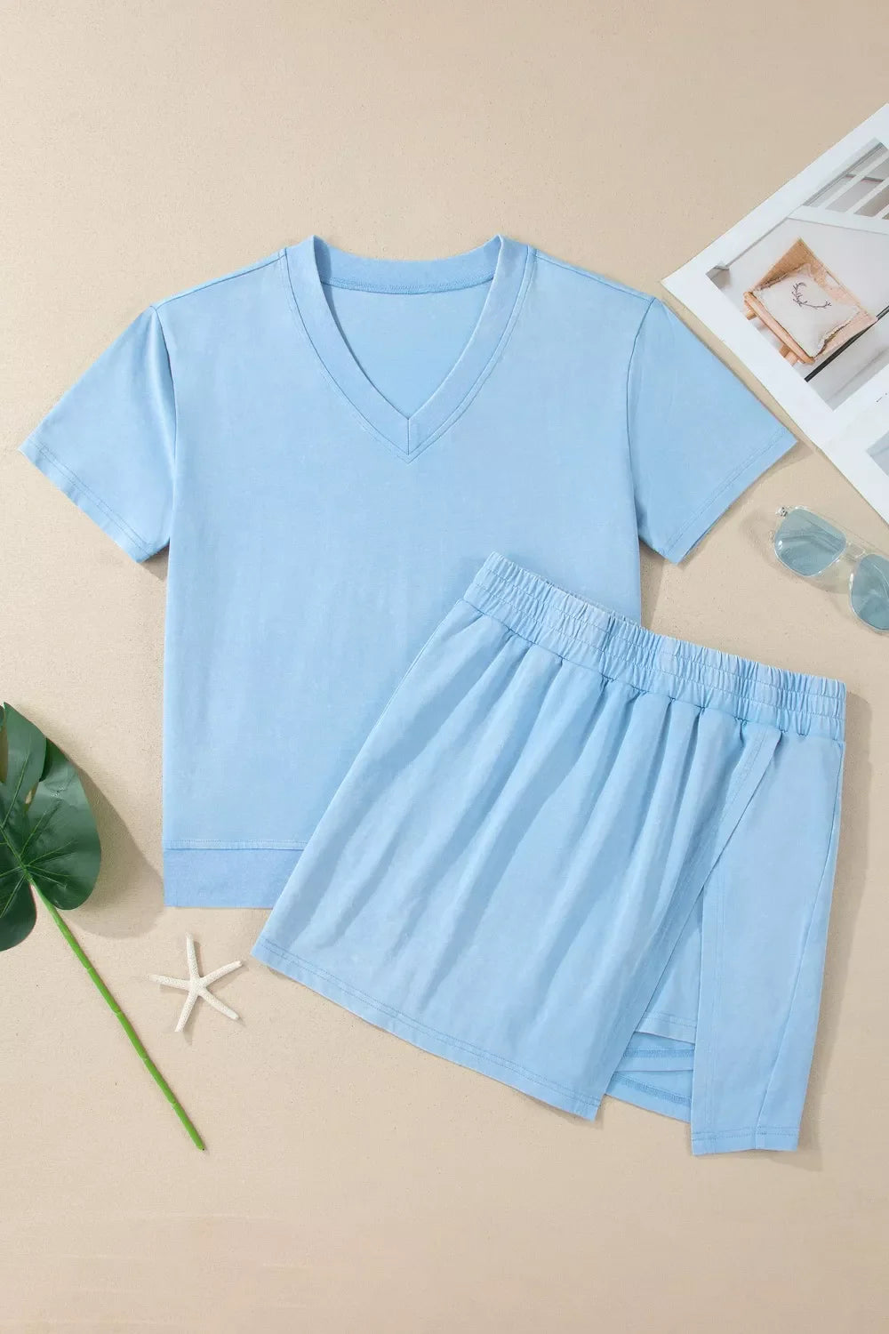 Hazel Blues® | Casual V-Neck Short Sleeve Top and Skort Set