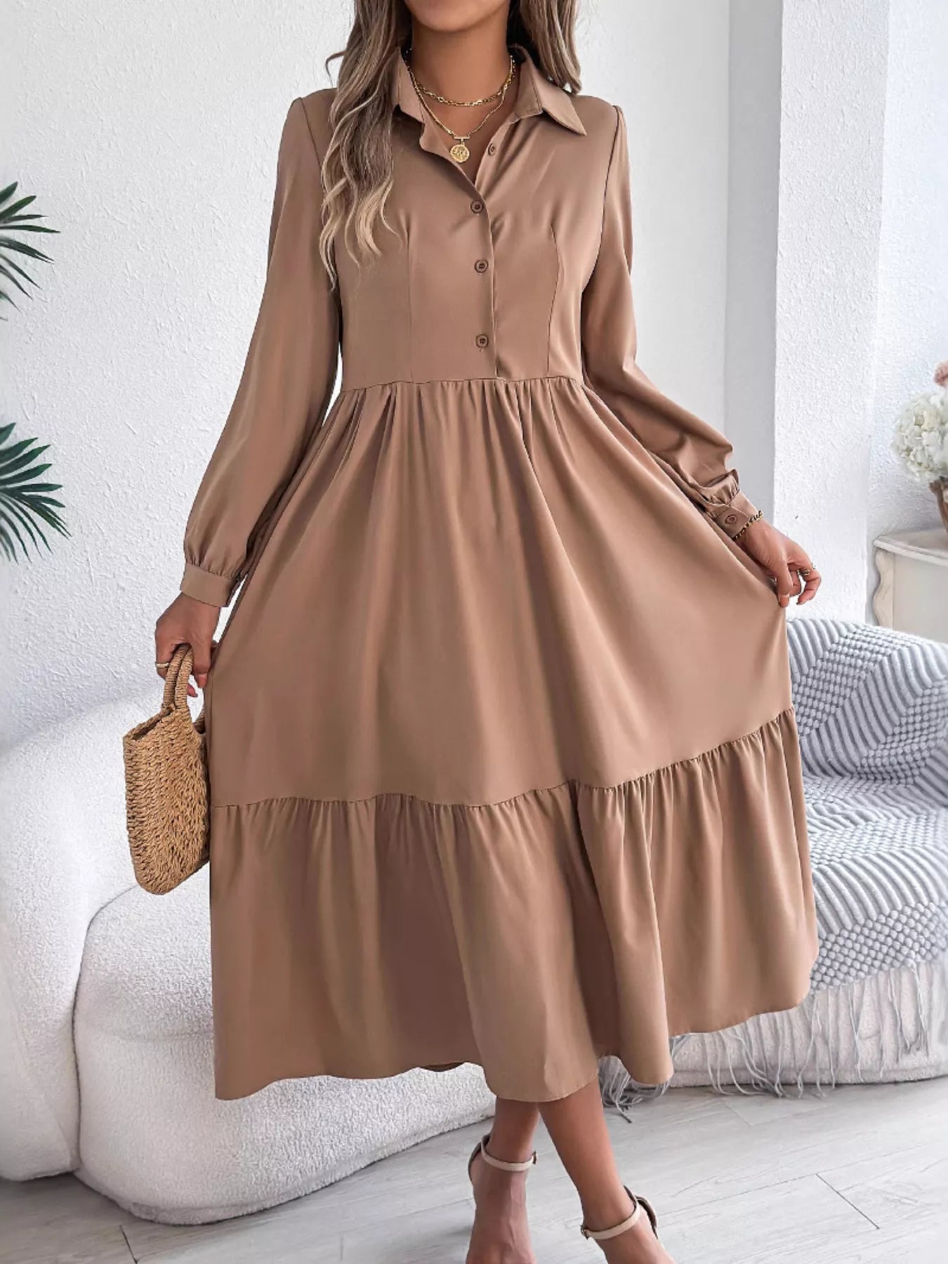 Hazel Blues® | Long Sleeve Tiered Button Front Midi Dress