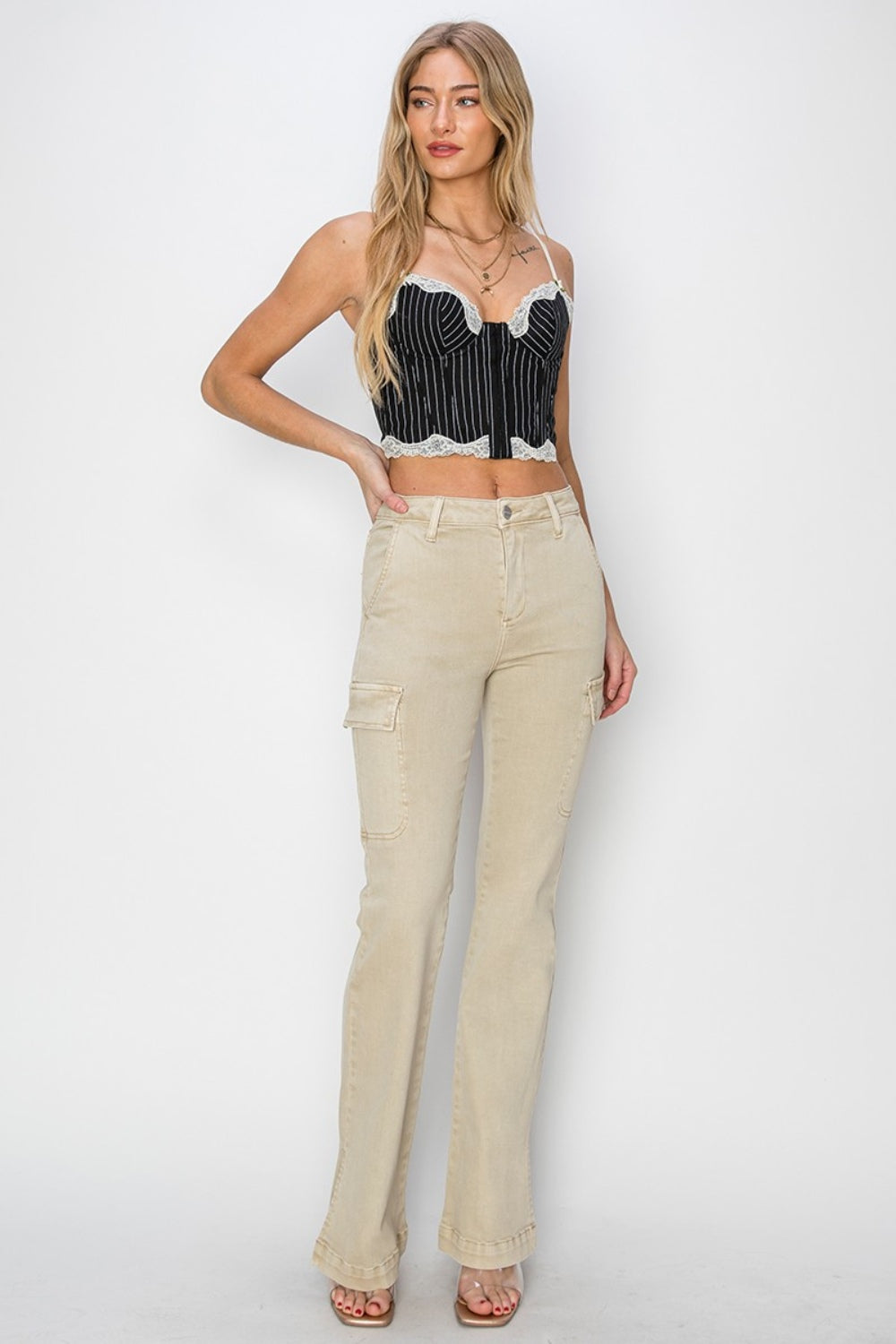 Hazel Blues® | RISEN High Rise Side Slit Cargo Bootcut Jeans