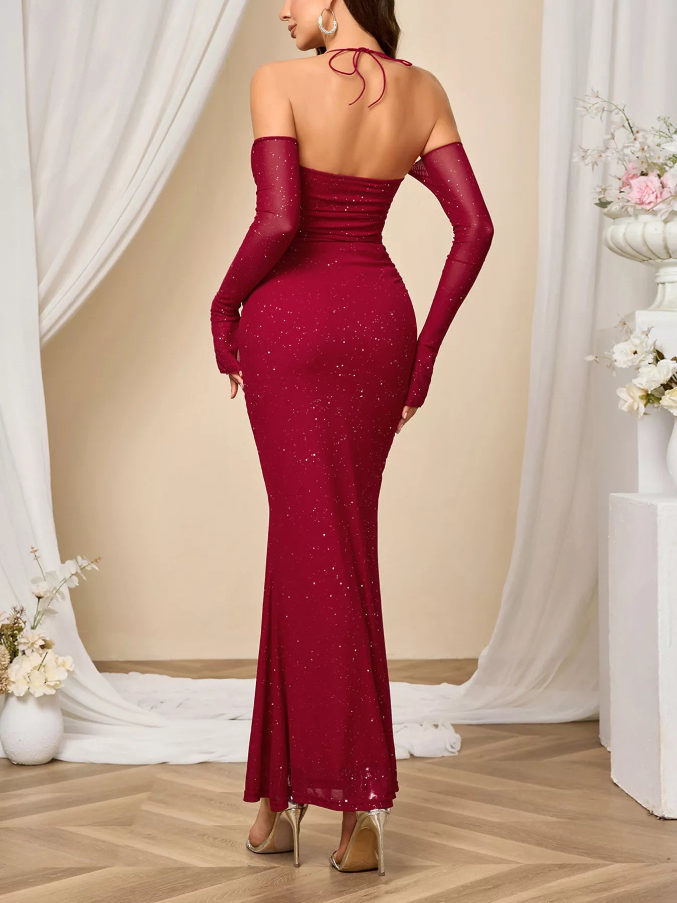 Hazel Blues® | Glitter Sweetheart Neck Long Sleeve Maxi Dress