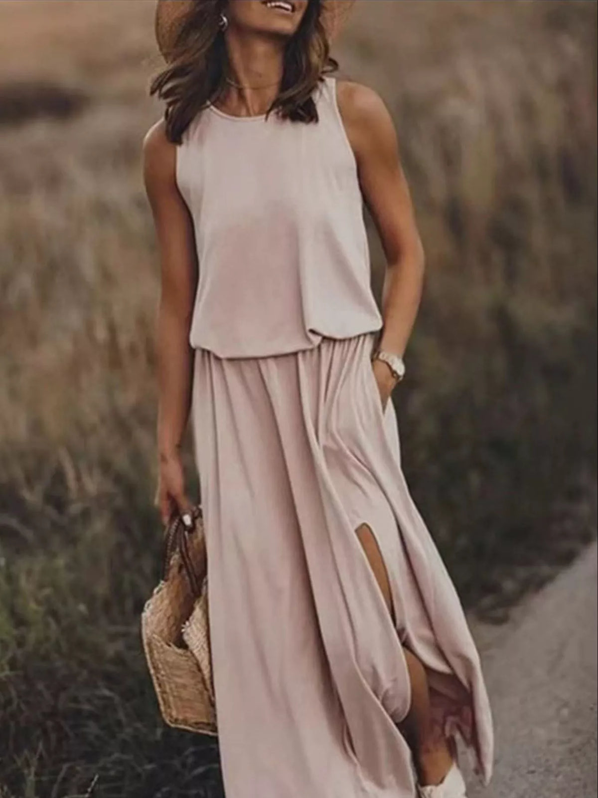 Hazel Blues® | Round Neck Sleeveless Slit Maxi Dress