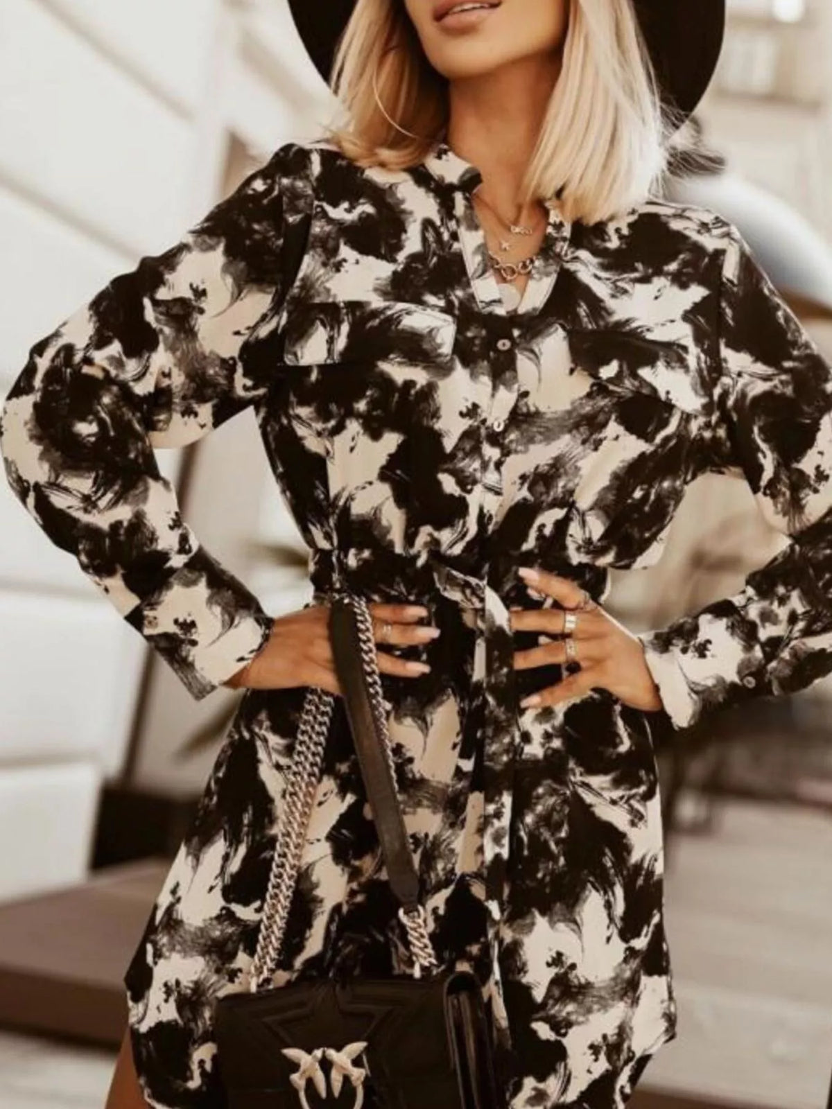 Hazel Blues® | Printed Button Front Long Sleeve Dress