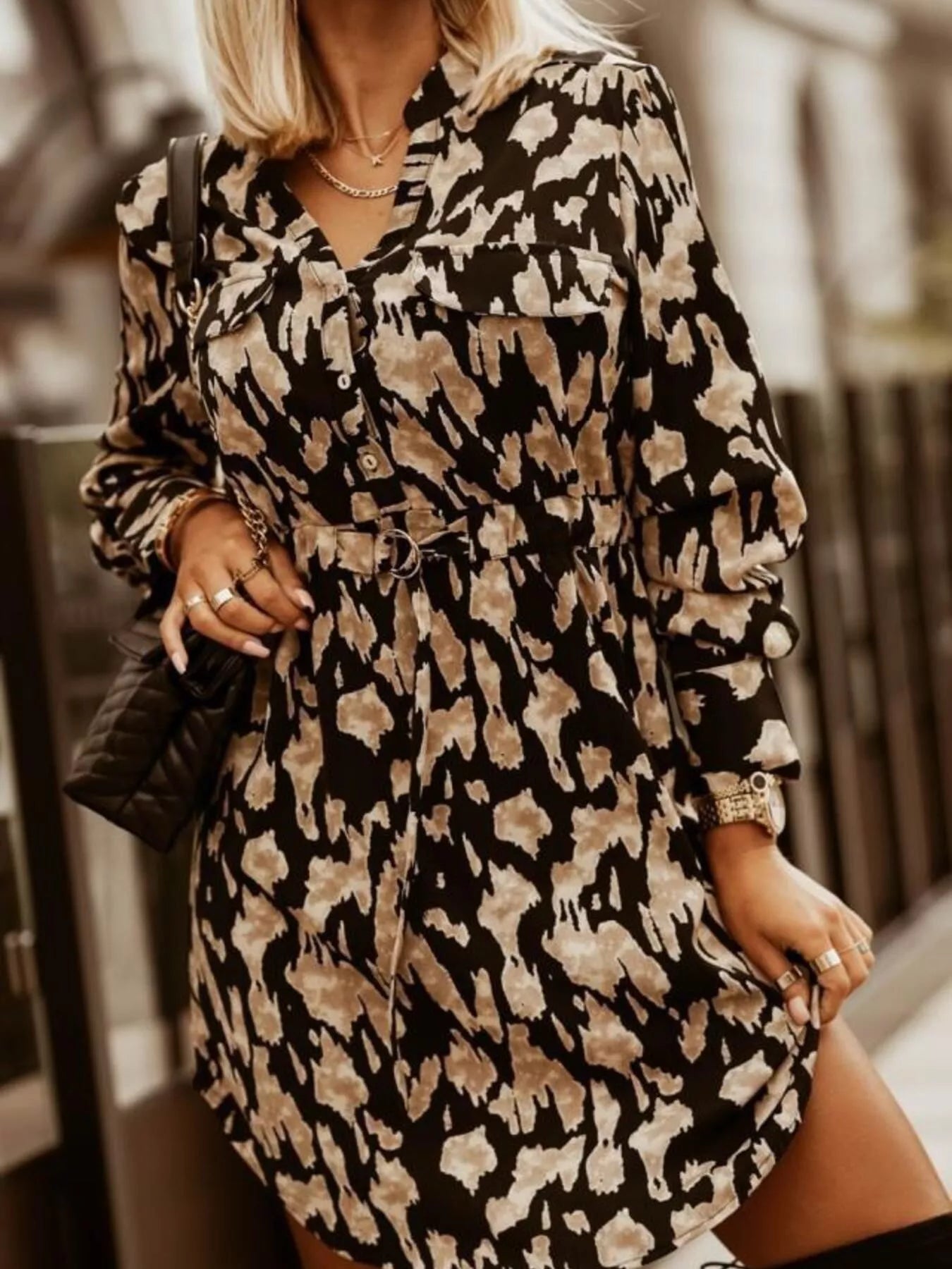 Hazel Blues® | Printed Button Front Long Sleeve Dress