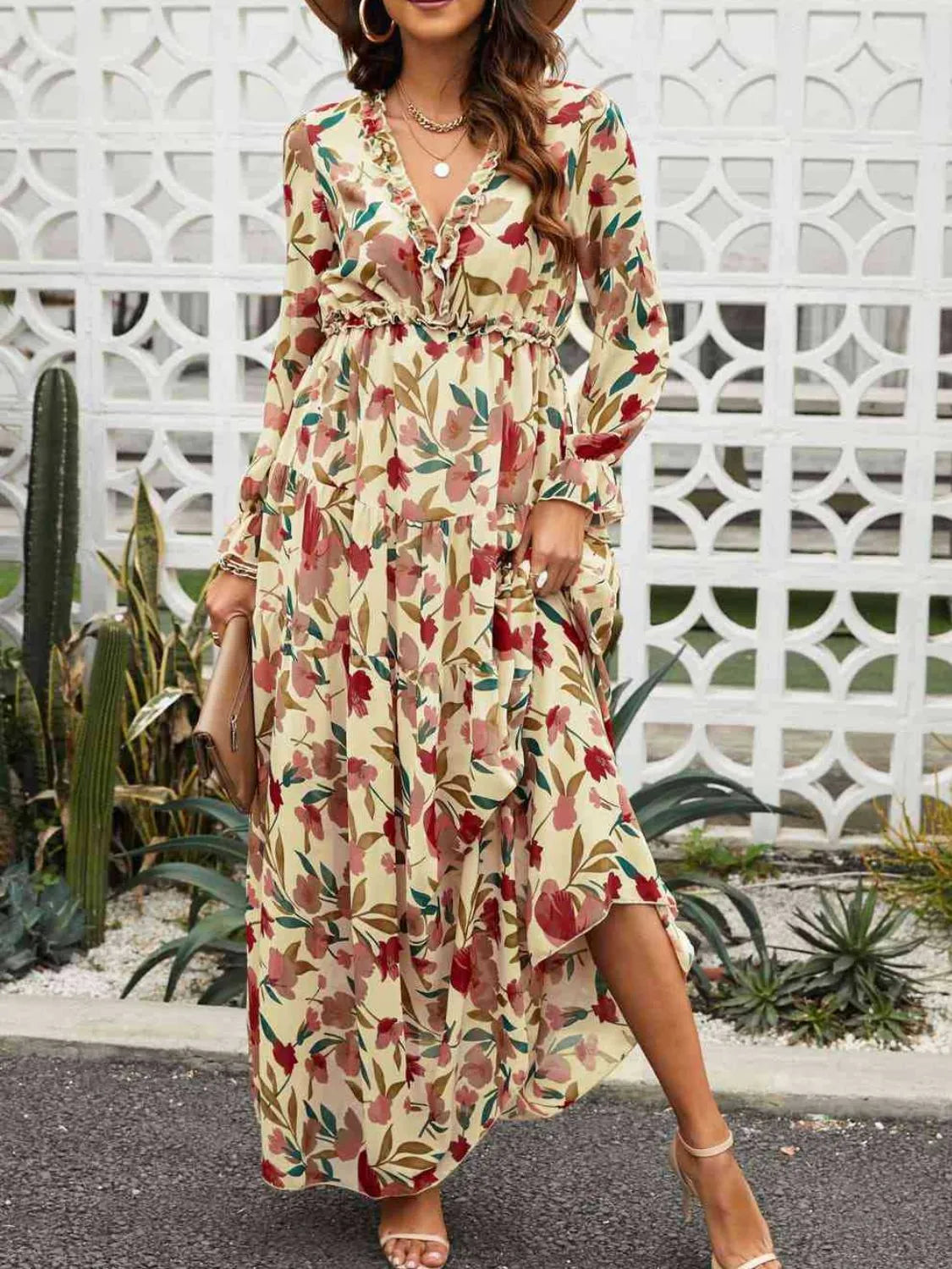 Hazel Blues® | PREORDER Frill Printed V-Neck Flounce Sleeve Dress