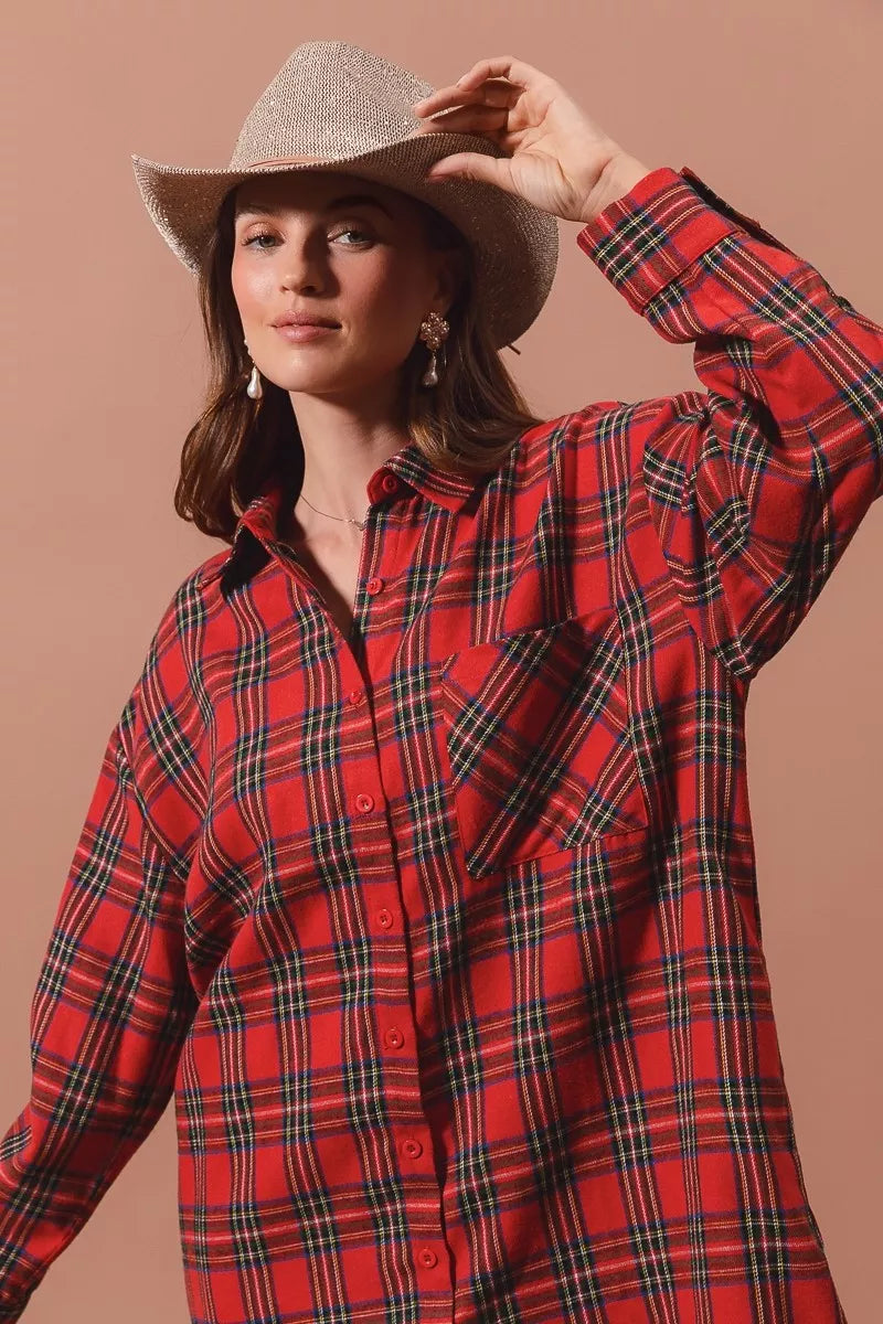 Hazel Blues® | SO ME Christmas Checker Plaid Button Up Shirt Dress