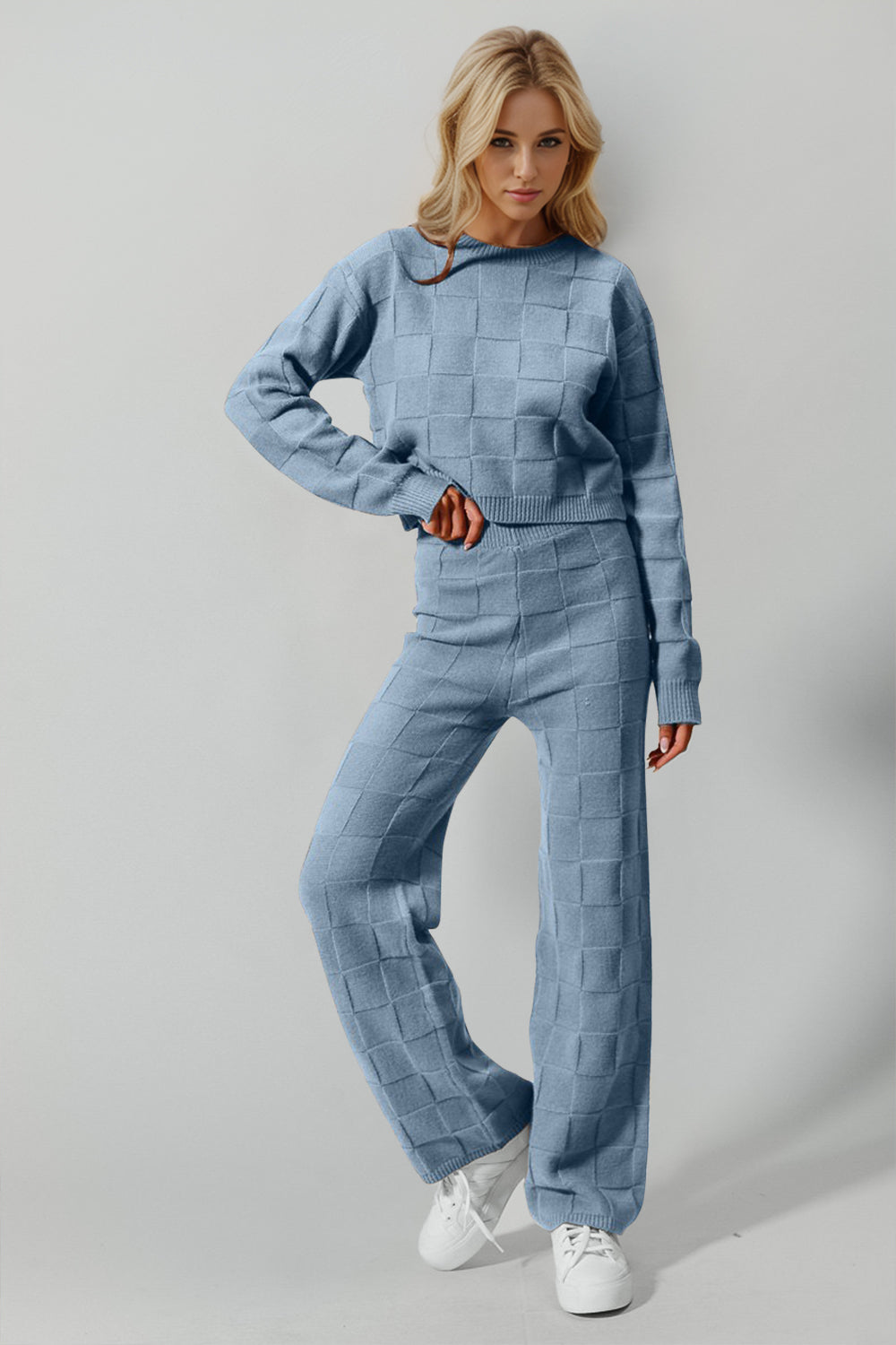 Hazel Blues® | Double Take Checkered Round Neck Top and Pants Set