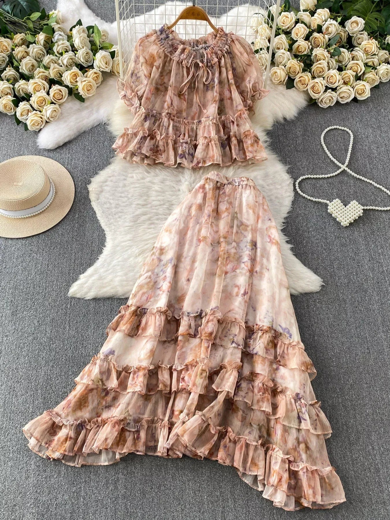 Hazel Blues® | Floral Print Ruffle Hem Blouse and Skirt Set