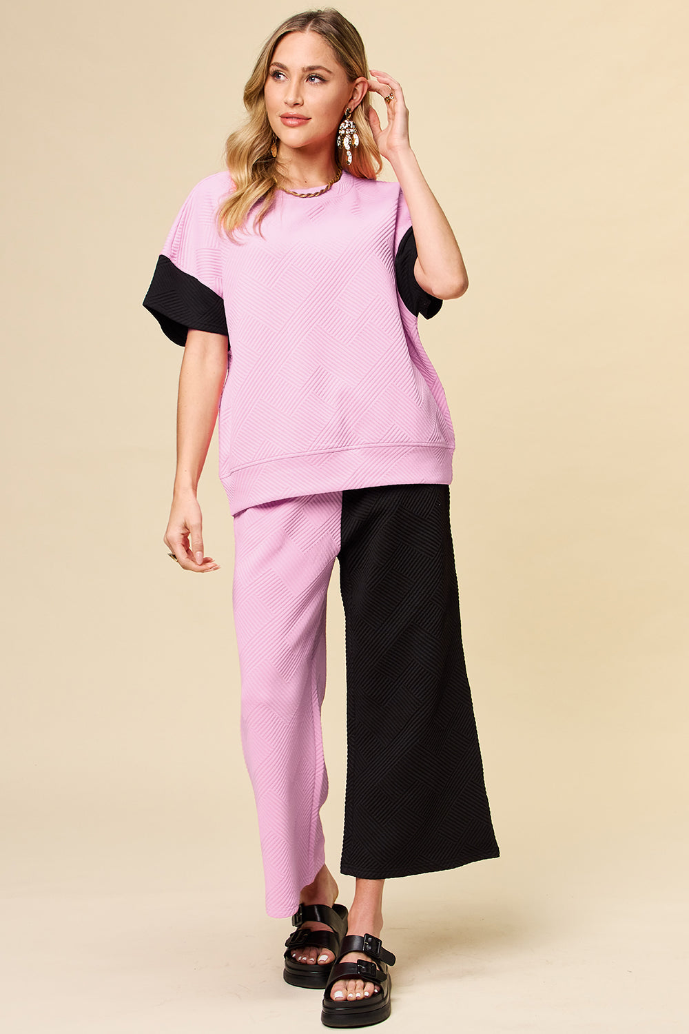 Hazel Blues® | Double Take Texture Contrast T-Shirt and Wide Leg Pants Set