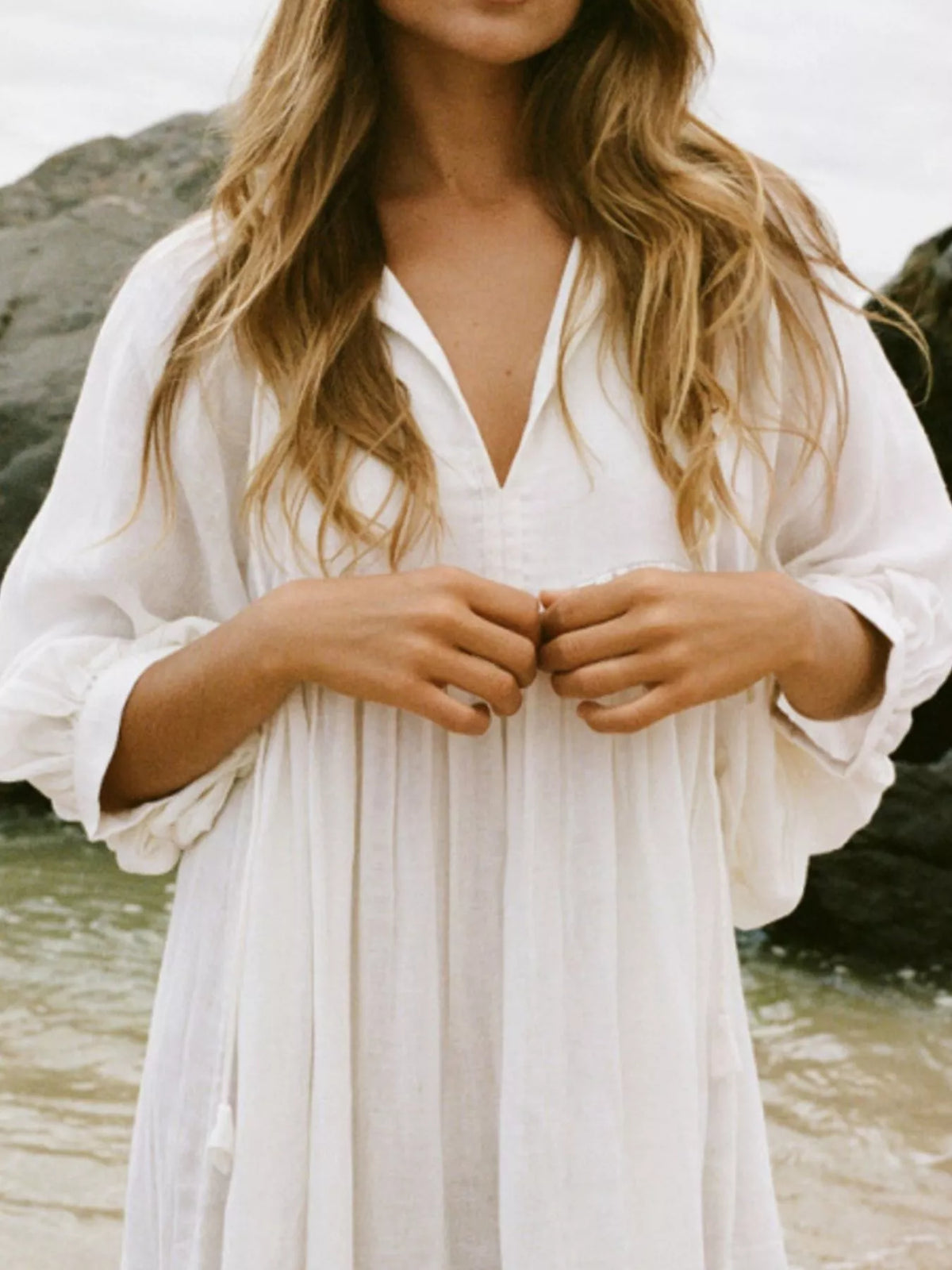 Hazel Blues® | Tie Neck 3/4 Sleeve Midi Dress