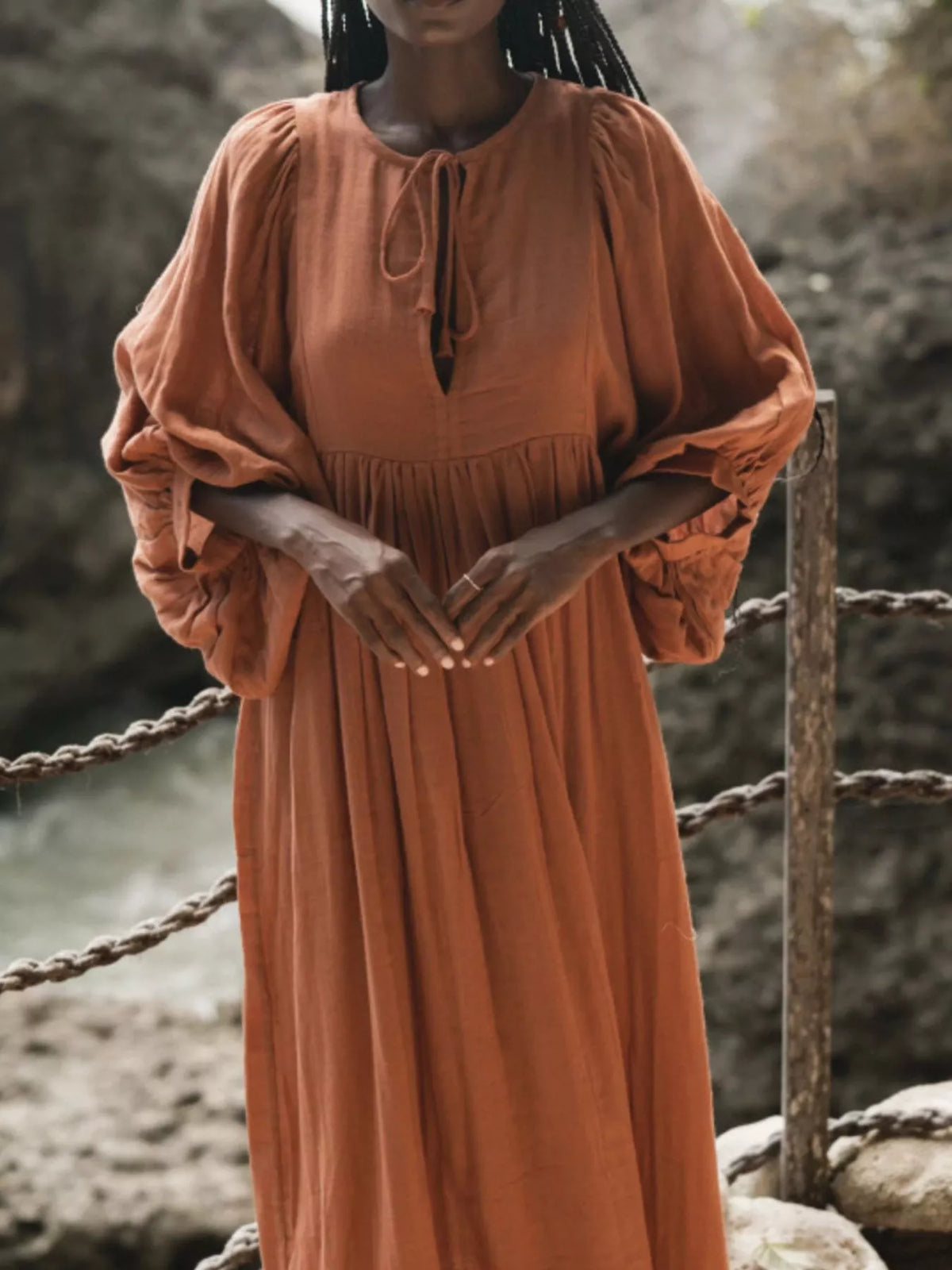Hazel Blues® | Tie Neck 3/4 Sleeve Midi Dress