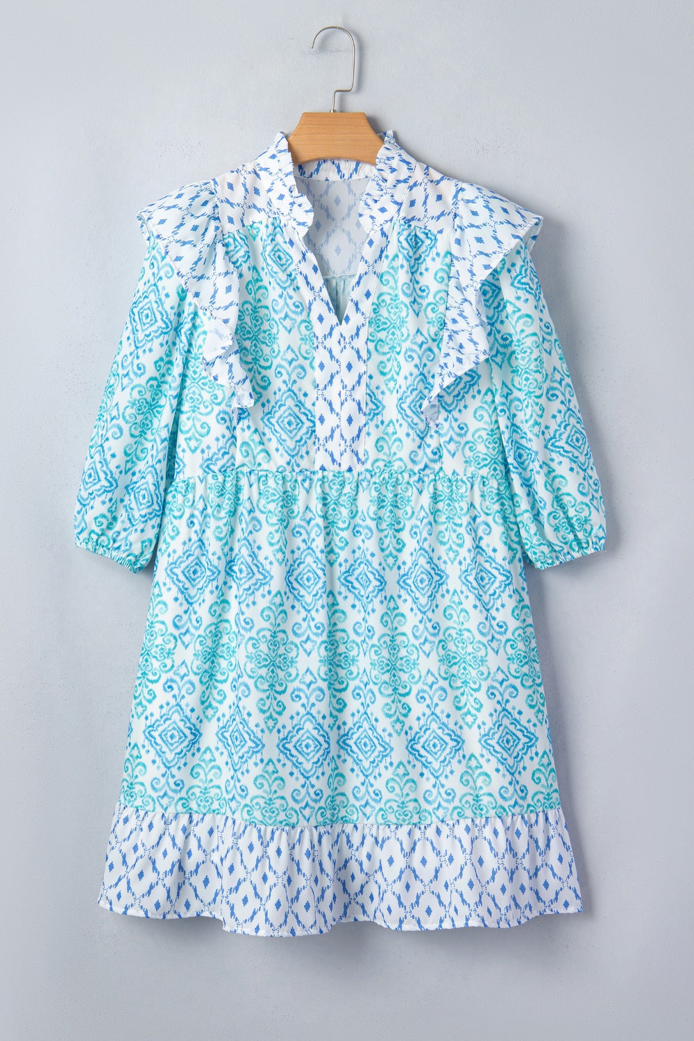Hazel Blues® | Floral Geometric Patchwork Ruffle Detail Puff Sleeve Mini Dress