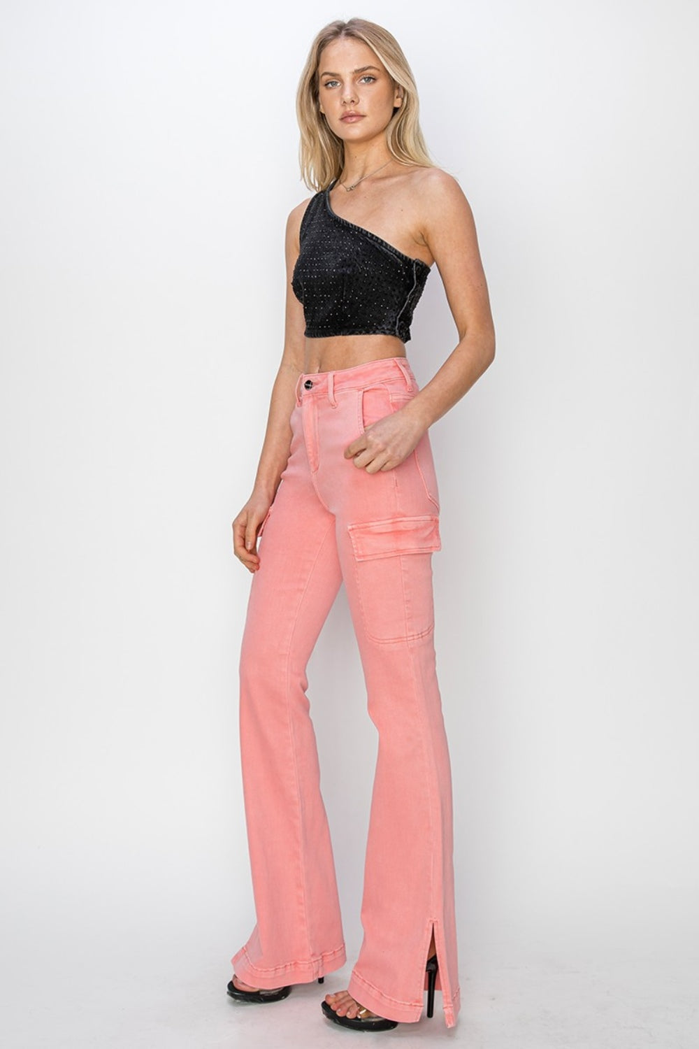 Hazel Blues® | RISEN High Rise Side Slit Cargo Bootcut Jeans