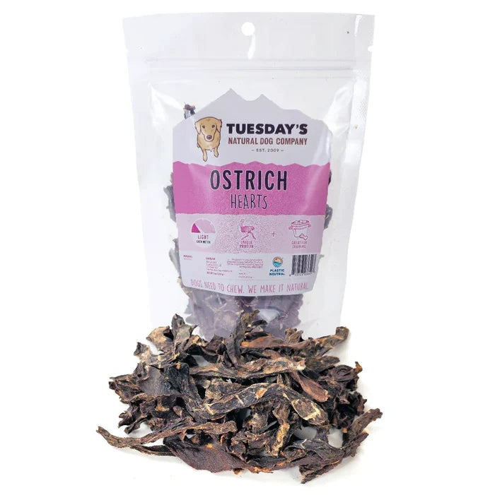 Tuesday's Natural Dog Company Ostrich Hearts - Single-Ingredient Dog Treat - 4 oz - Dog.Dog.Cat.