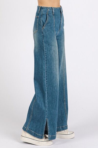 Hazel Blues® |  Mittoshop Medium Wash Seam Detail Wide Leg Denim Jeans