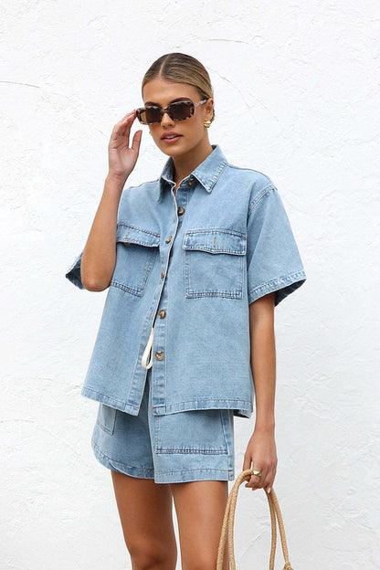 Hazel Blues® |  Collared Neck Button Up Top and Shorts Denim Set
