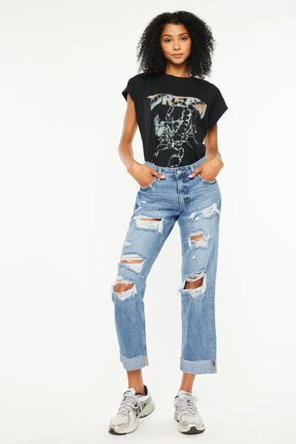 Hazel Blues® |  Kancan Mid Rise Distressed Boyfriend Fit Jeans