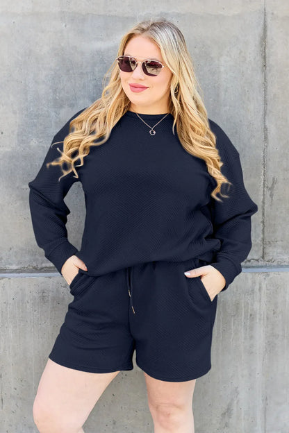 Hazel Blues® |  Double Take Texture Long Sleeve Top and Drawstring Shorts Set