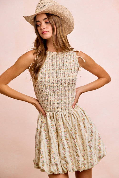 Hazel Blues® |  BiBi Floral Bow Tie Attachable Puff Sleeves Dress