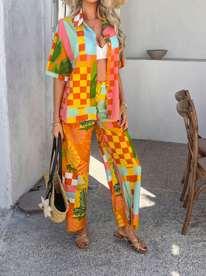 Hazel Blues® |  Devine Printed Button Down Shirt and Pants Set