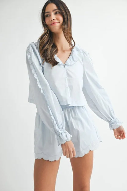 Hazel Blues® |  MABLE Long Sleeve Scallop Blouse and Shorts Set