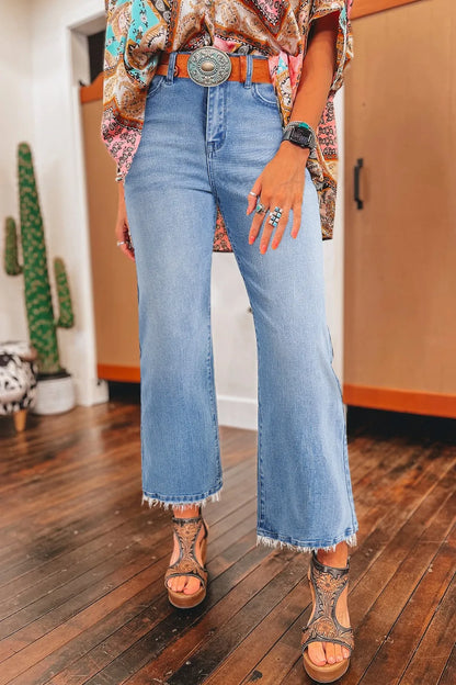 Hazel Blues® |  Mineral Wash Raw Hem High Waist Flared Jeans