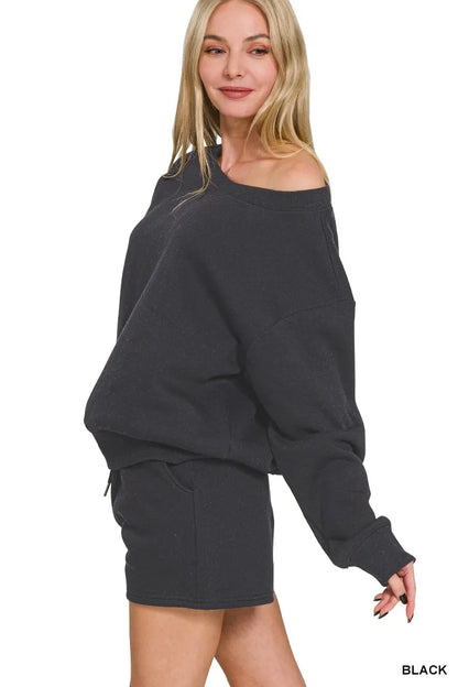 Hazel Blues® |  Zenana Fleece Boat Neck Sweatshirt and Shorts Set