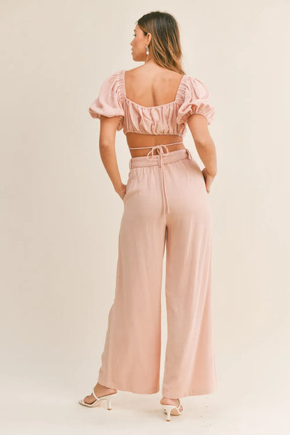Hazel Blues® |  MABLE Cut Out Drawstring Crop Top and Belted Pants Set