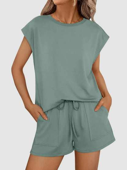 Hazel Blues® |  Round Neck Cap Sleeve Top and Shorts Set