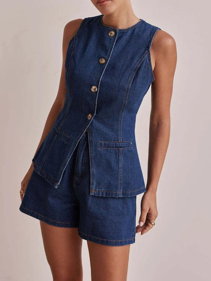 Hazel Blues® |  Button Down Vest and Shorts Denim Set