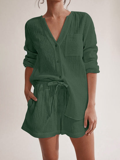 Hazel Blues® |  Notched Long Sleeve Top and Shorts Set