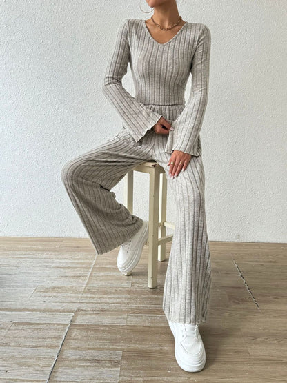 Hazel Blues® |  Ribbed V-Neck Long Sleeve Top and Pocketed Pants Set