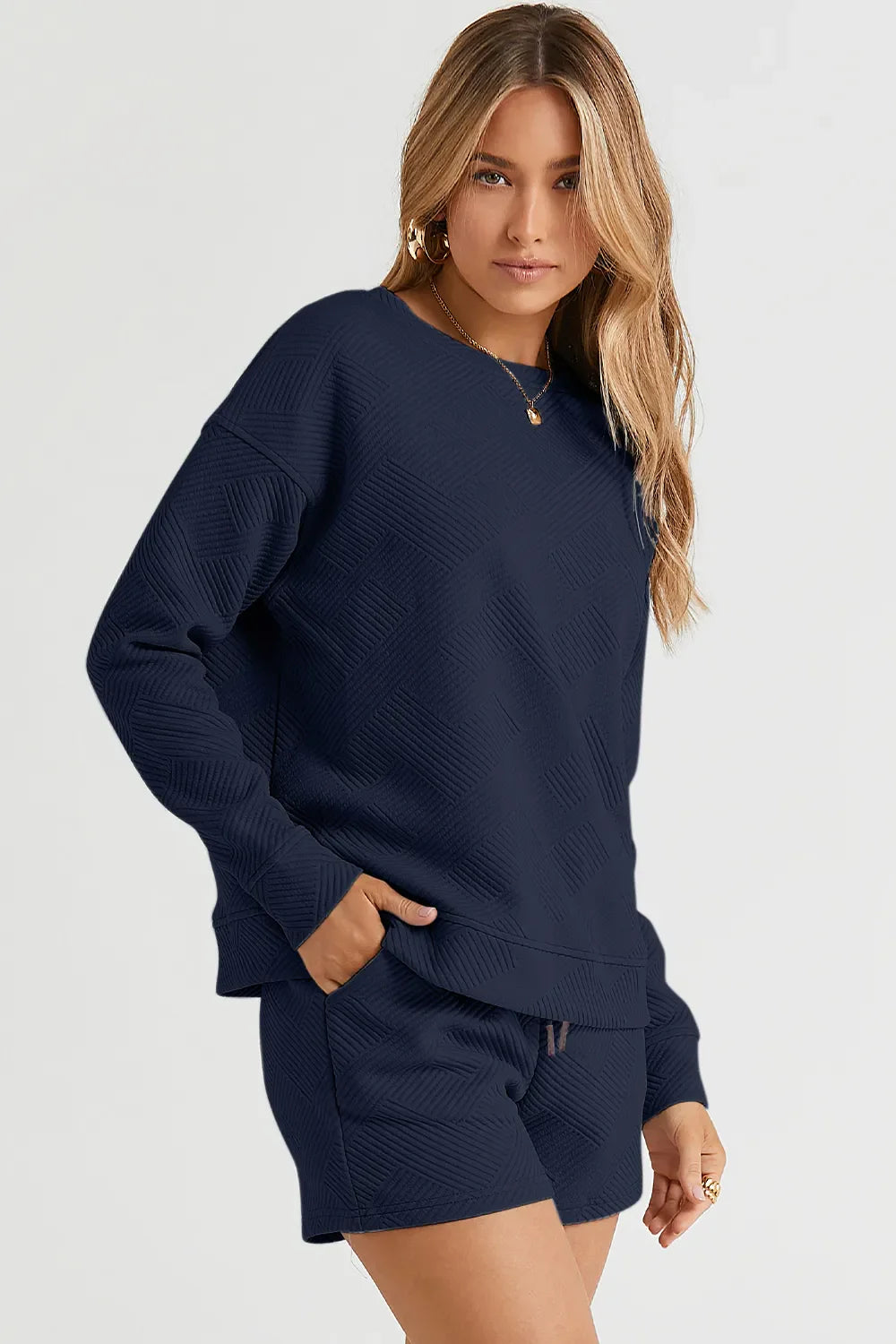 Hazel Blues® |  Double Take Texture Long Sleeve Top and Drawstring Shorts Set