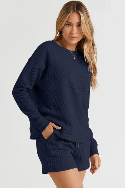 Hazel Blues® |  Double Take Texture Long Sleeve Top and Drawstring Shorts Set