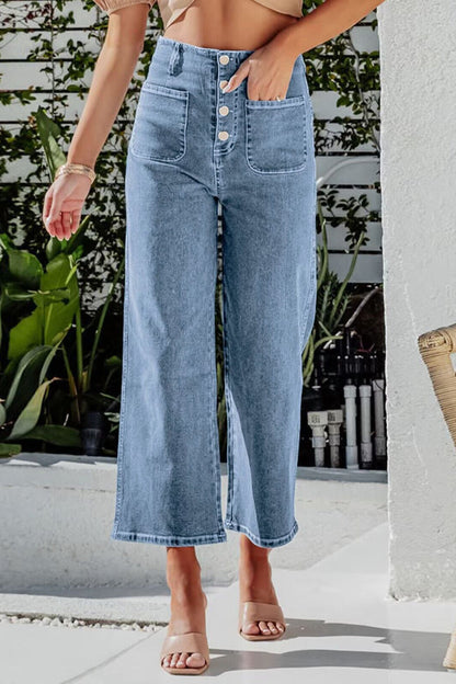 Hazel Blues® |  Button Fly Cropped Wide Leg Jeans