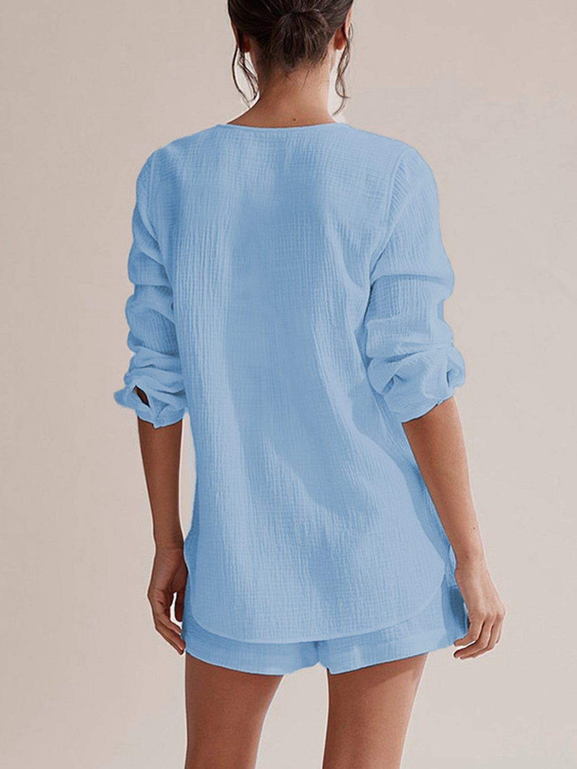 Hazel Blues® |  Notched Long Sleeve Top and Shorts Set