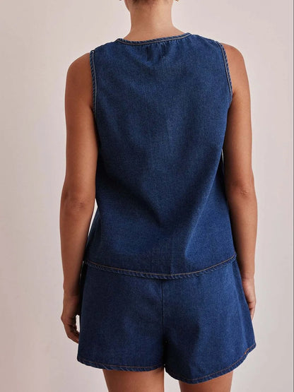 Hazel Blues® |  Tie Front Vest and Shorts Denim Set