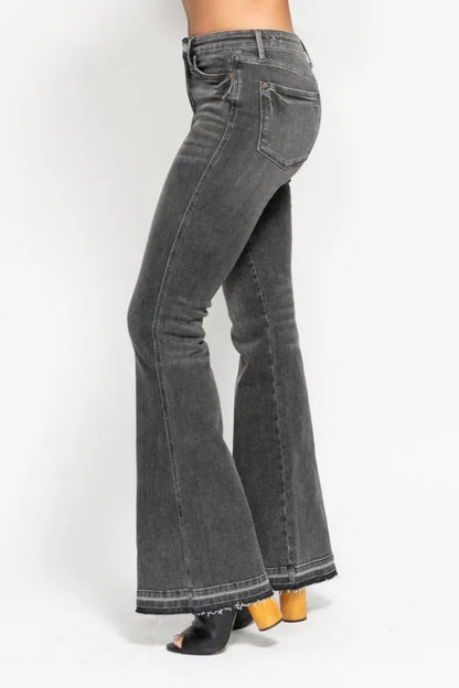 Hazel Blues® | Judy Blue Mid Rise Tummy Control Washed Gray Release Hem Flare Jeans