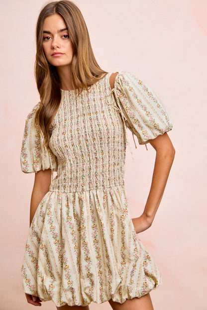 Hazel Blues® |  BiBi Floral Bow Tie Attachable Puff Sleeves Dress