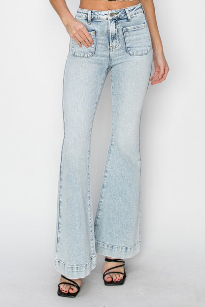 Hazel Blues® |  Risen High Rise Front Patch Pocket Flare Jeans